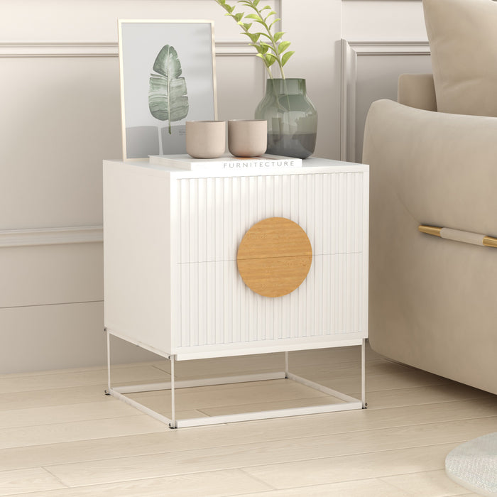 conifferism White Nightstand with 2 Fluted Drawer for Living Room Bedroom