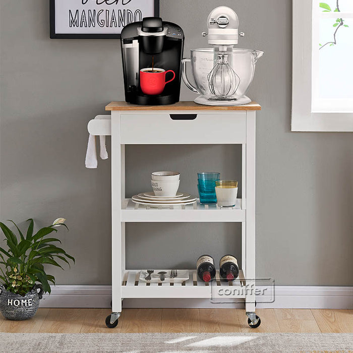 conifferism Small White Kitchen Island Microwave Rolling Cart on Wheels White with Storage for Dining Room Kitchens