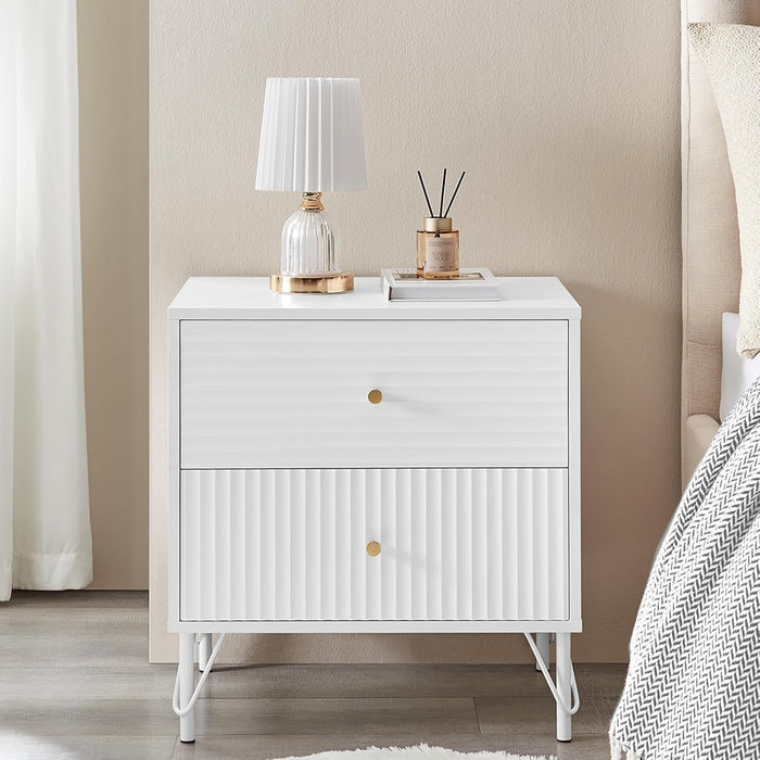 conifferism Fluted White Nightstand, 22" Wide Bedstand Bedside End Table with 2 Drawers, 23" Tall Side Table Living Room Sofa Couch, Bedroom Night Stand Gold Handle