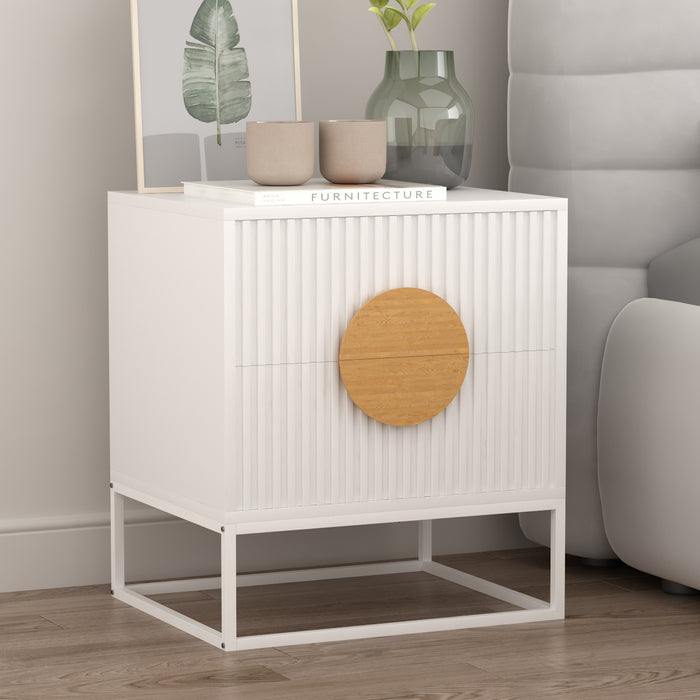 conifferism White Nightstand with 2 Fluted Drawer for Living Room Bedroom