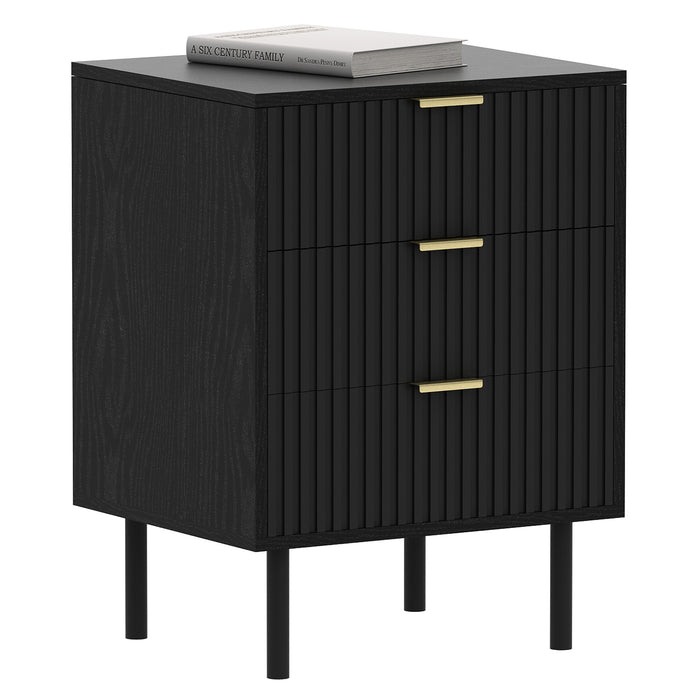 conifferism Fluted 3Drawers  Metal Slider Black Nightstand, Wooden End Table Side Table for Bedroom, Living Room