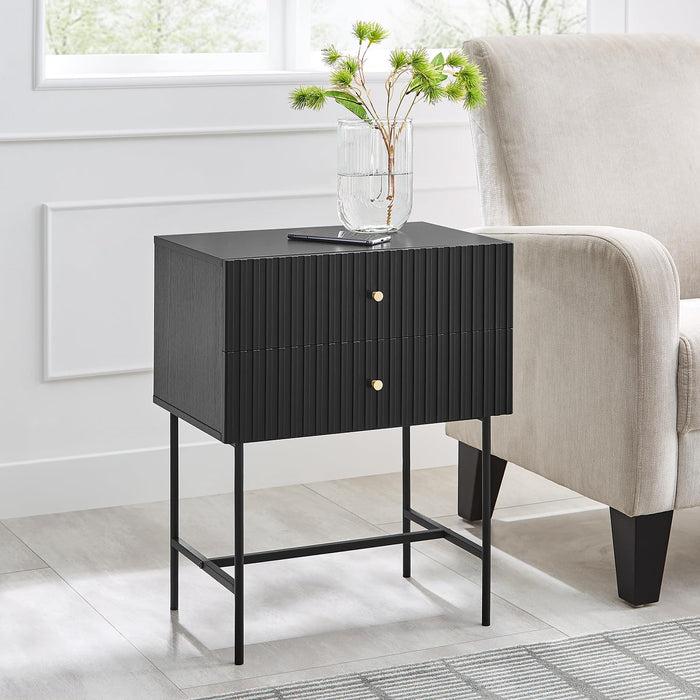 conifferism Fluted Black Nightstand 19" Wide, 2 Drawers Bed Side End Table for Small Space Living Room, Guest Bedroom Night Stand Slim Metal Leg,Sofa Couch Accent Table