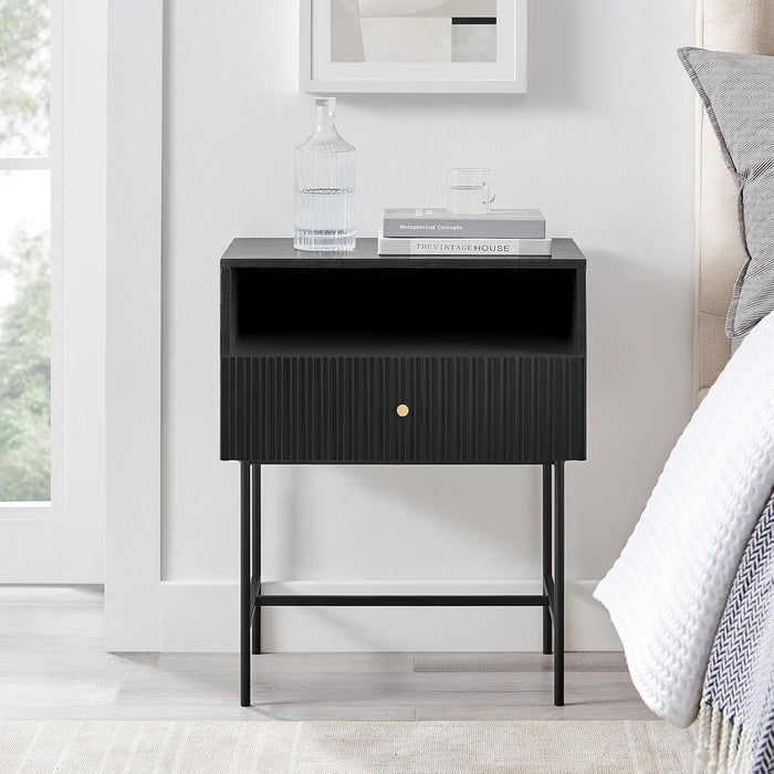 conifferism Black Night Stand 19" Bedroom Bedside Table, Mid Century Modern Small Nightstand with 1 Fluted Drawer and Storage Shelf, Living Room Slim Sofa Couch Side End Tables Gold Handle