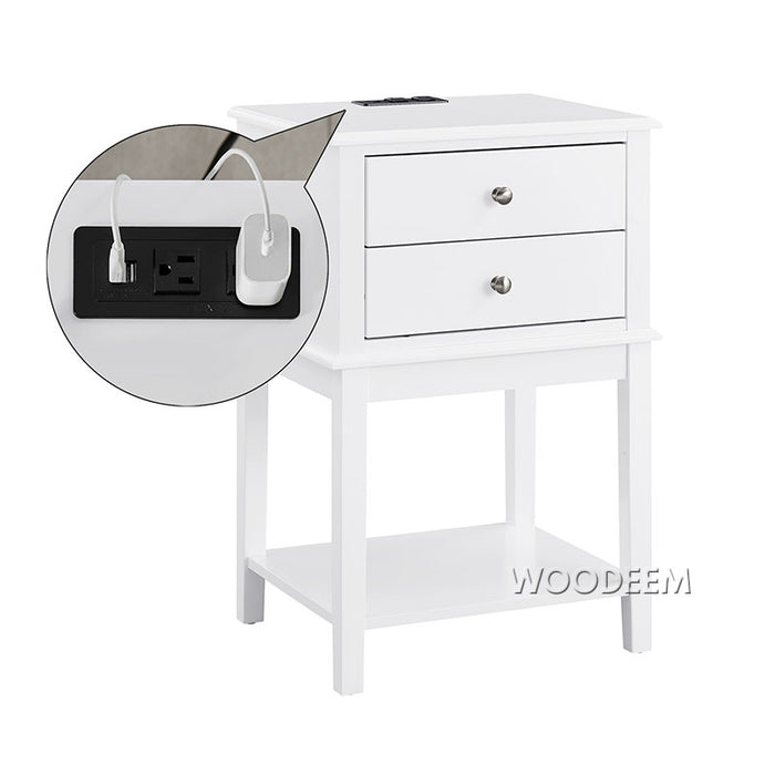 conifferism White Nightstand with Charging Station and USB Ports