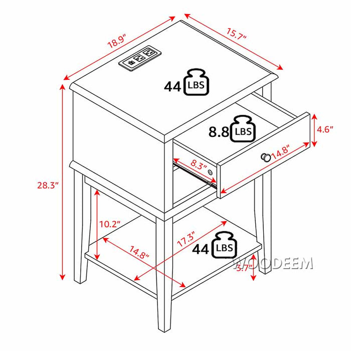 conifferism White Nightstand with Charging Station and USB Ports