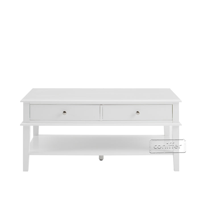 conifferism Chloe Modern White Rectangle Coffee Table with Storage Shelf and 2 Drawers for Living Room