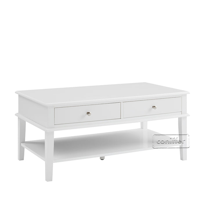 conifferism Chloe Modern White Rectangle Coffee Table with Storage Shelf and 2 Drawers for Living Room