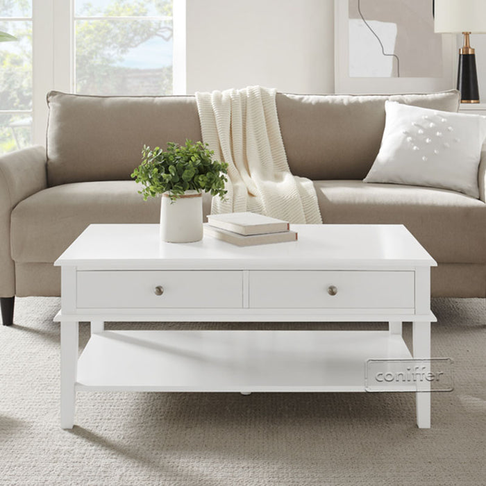 conifferism Chloe Modern White Rectangle Coffee Table with Storage Shelf and 2 Drawers for Living Room