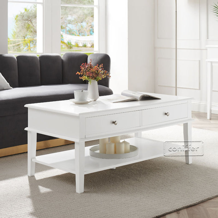 conifferism Chloe Modern White Rectangle Coffee Table with Storage Shelf and 2 Drawers for Living Room