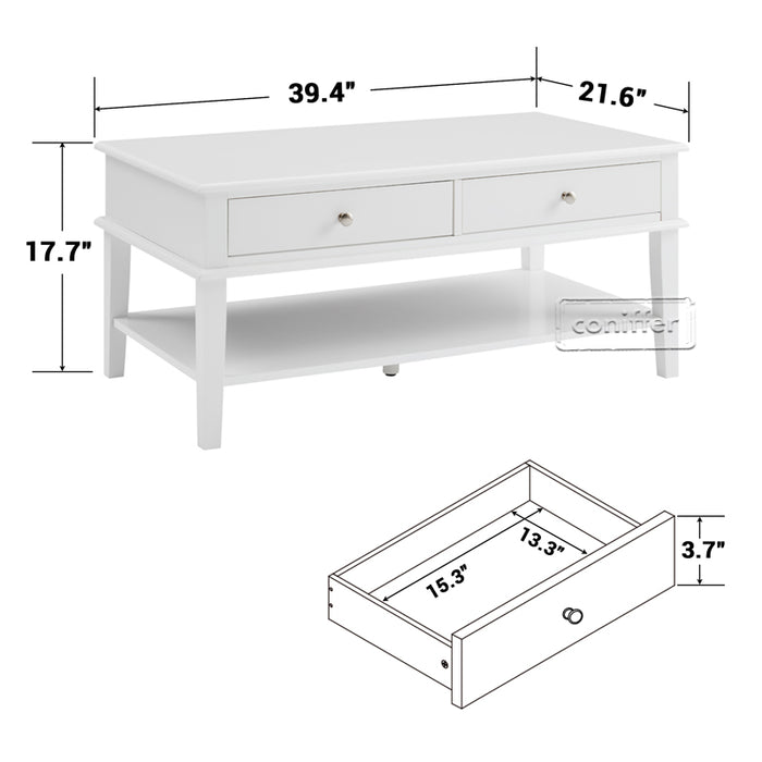 conifferism Chloe Modern White Rectangle Coffee Table with Storage Shelf and 2 Drawers for Living Room