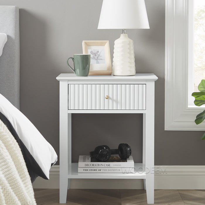 conifferism White Nightstand for  Living Room with Fluted Drawer and Storage Shelf