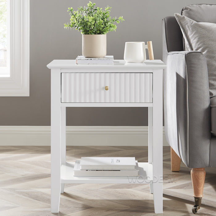 conifferism White Nightstand for  Living Room with Fluted Drawer and Storage Shelf