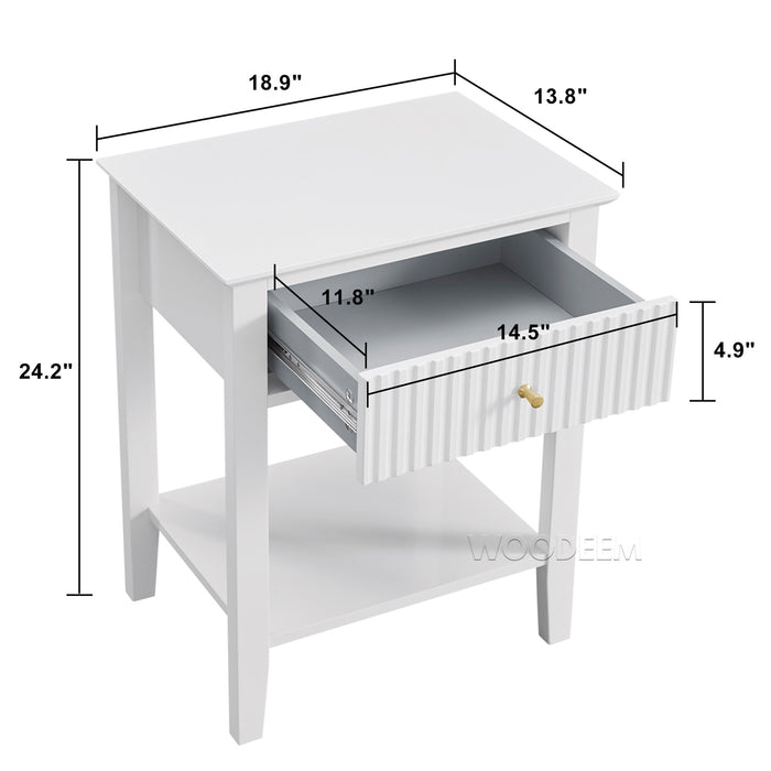 conifferism White Nightstand for  Living Room with Fluted Drawer and Storage Shelf