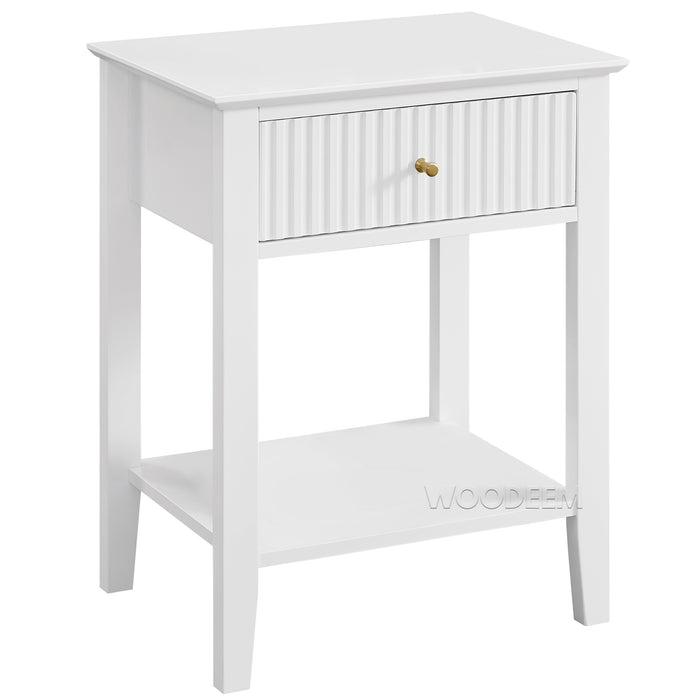 conifferism White Nightstand for  Living Room with Fluted Drawer and Storage Shelf