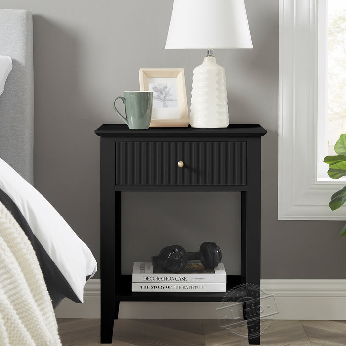 conifferism Fluted Drawer Black Nightstand for Living Room with Storage Shelf