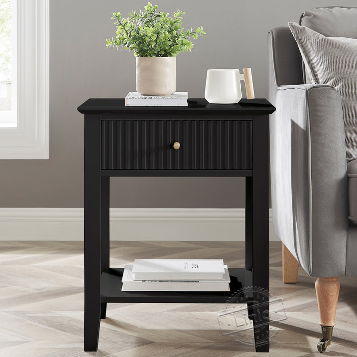 conifferism Fluted Drawer Black Nightstand for Living Room with Storage Shelf