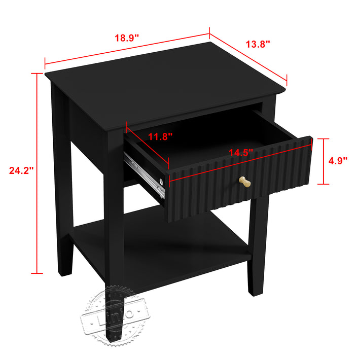 conifferism Fluted Drawer Black Nightstand for Living Room with Storage Shelf