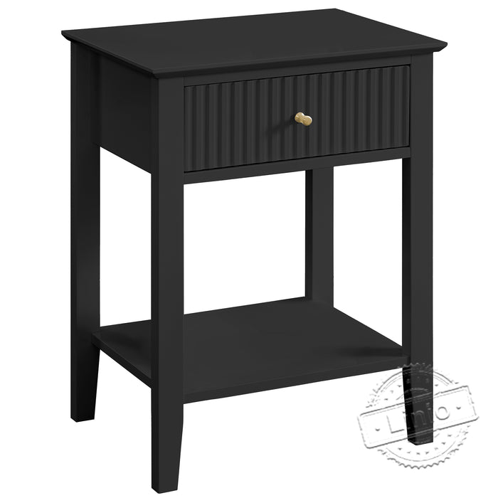 conifferism Fluted Drawer Black Nightstand for Living Room with Storage Shelf