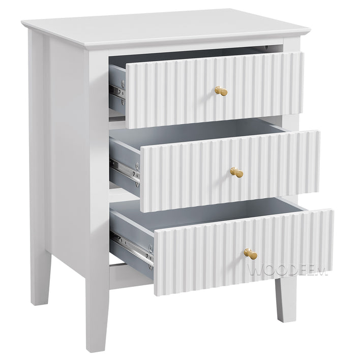 conifferism Fluted Drawer Nightstand 3 Drawers, White Bedside Table Living Room Bedroom