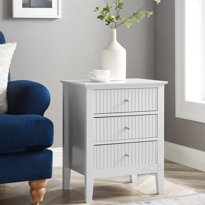 conifferism Fluted Drawer Nightstand 3 Drawers, White Bedside Table Living Room Bedroom