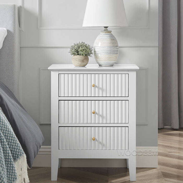 conifferism Fluted Drawer Nightstand 3 Drawers, White Bedside Table Living Room Bedroom