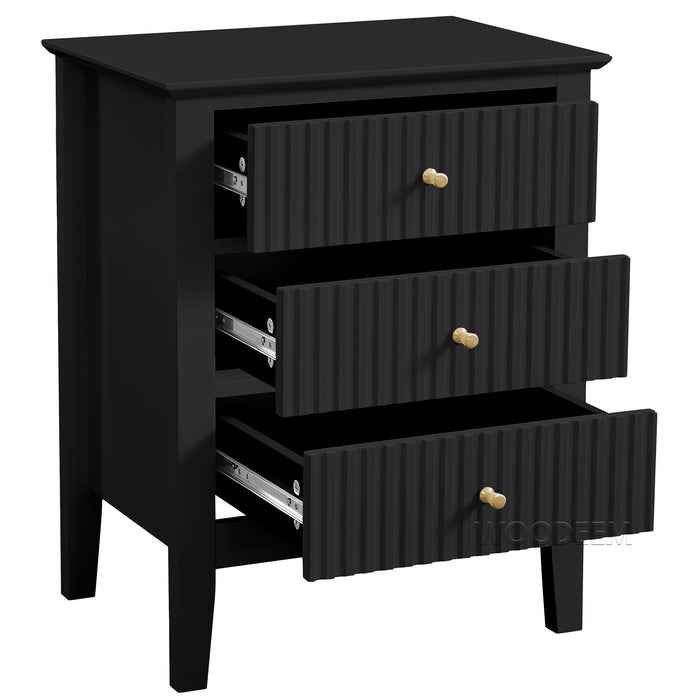 conifferism Fluted Drawer Nightstand 3 Drawers, Black Bedside Table Living Room Bedroom