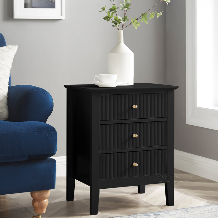 conifferism Fluted Drawer Nightstand 3 Drawers, Black Bedside Table Living Room Bedroom