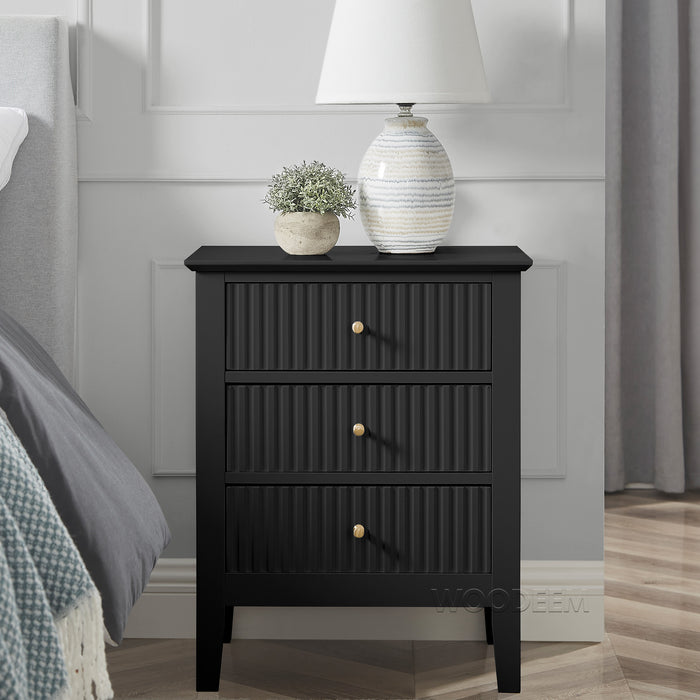 conifferism Fluted Drawer Nightstand 3 Drawers, Black Bedside Table Living Room Bedroom