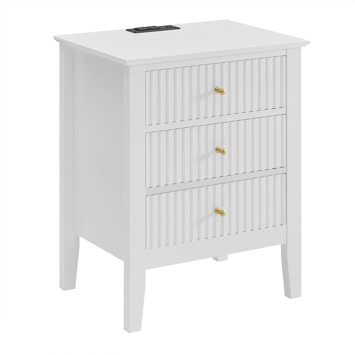 conifferism White Fluted Nightstand with with Charging Station and USB Ports, 24" H Bed Side Table Bedroom, 3 Drawers Side Table, Wavy Bedside End Table Light Gold Handle, Living Room Contemporary