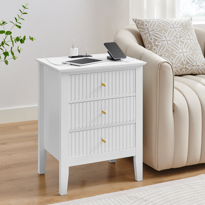 conifferism White Fluted Nightstand with with Charging Station and USB Ports, 24" H Bed Side Table Bedroom, 3 Drawers Side Table, Wavy Bedside End Table Light Gold Handle, Living Room Contemporary