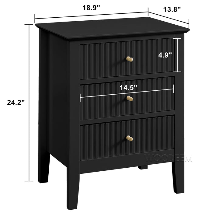 conifferism Fluted Drawer Nightstand 3 Drawers, Black Bedside Table Living Room Bedroom