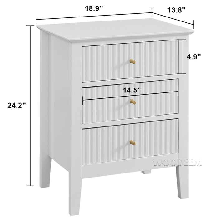 conifferism Fluted Drawer Nightstand 3 Drawers, White Bedside Table Living Room Bedroom