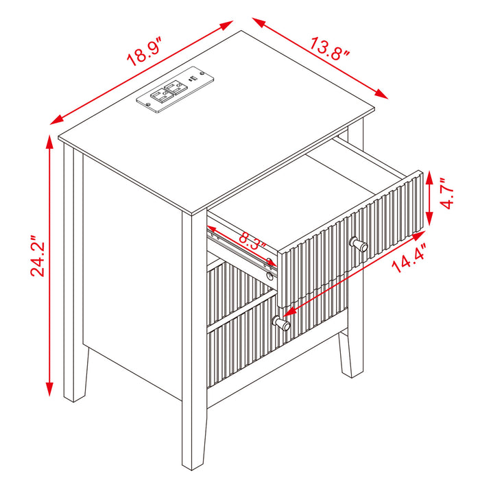 conifferism White Fluted Nightstand with with Charging Station and USB Ports, 24" H Bed Side Table Bedroom, 3 Drawers Side Table, Wavy Bedside End Table Light Gold Handle, Living Room Contemporary