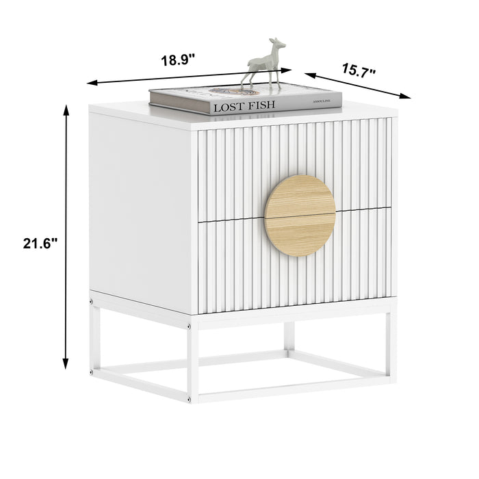 conifferism White Nightstand with 2 Fluted Drawer for Living Room Bedroom