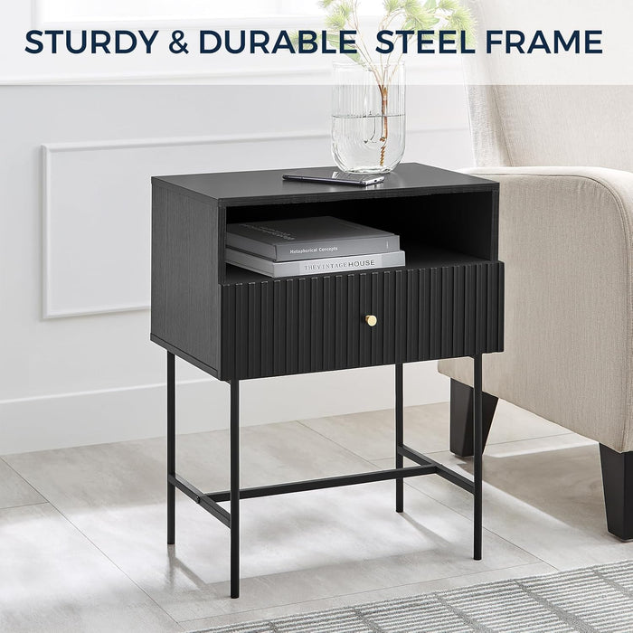 conifferism Black Night Stand 19" Bedroom Bedside Table, Mid Century Modern Small Nightstand with 1 Fluted Drawer and Storage Shelf, Living Room Slim Sofa Couch Side End Tables Gold Handle