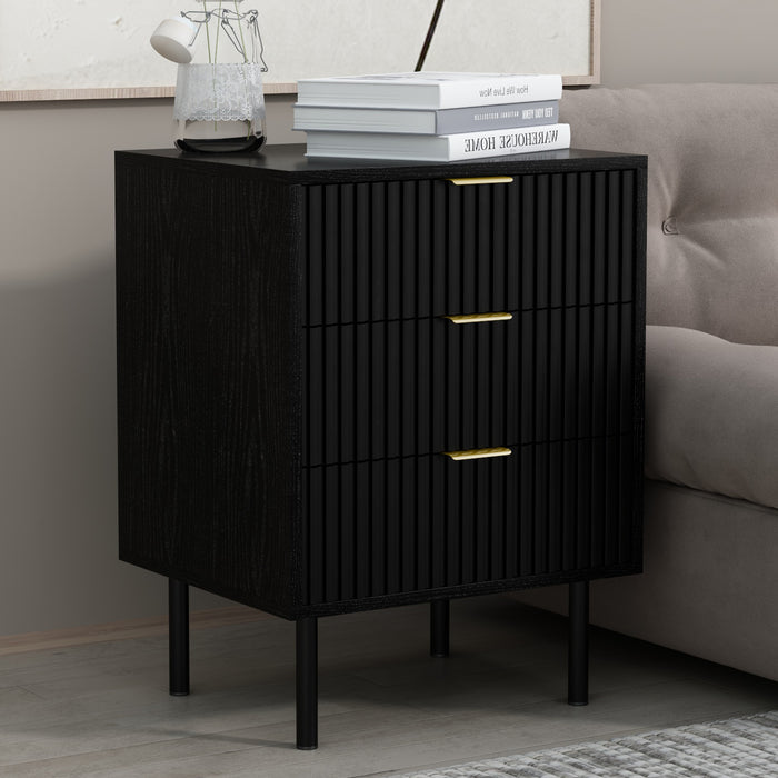 conifferism Fluted 3Drawers  Metal Slider Black Nightstand, Wooden End Table Side Table for Bedroom, Living Room