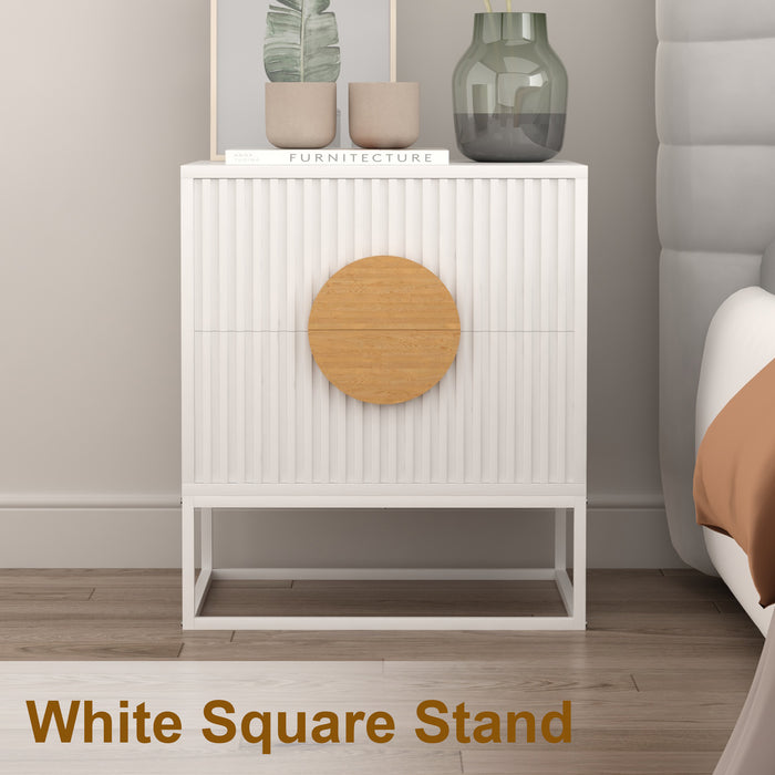 conifferism White Nightstand with 2 Fluted Drawer for Living Room Bedroom