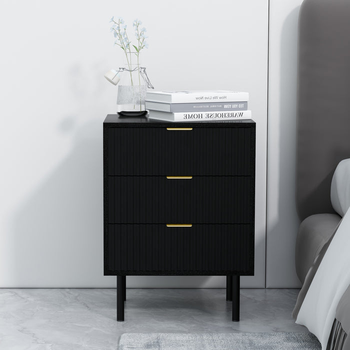 conifferism Fluted 3Drawers  Metal Slider Black Nightstand, Wooden End Table Side Table for Bedroom, Living Room