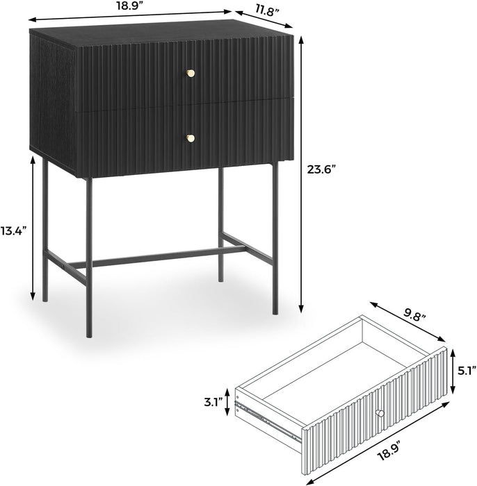 conifferism Fluted Black Nightstand 19" Wide, 2 Drawers Bed Side End Table for Small Space Living Room, Guest Bedroom Night Stand Slim Metal Leg,Sofa Couch Accent Table