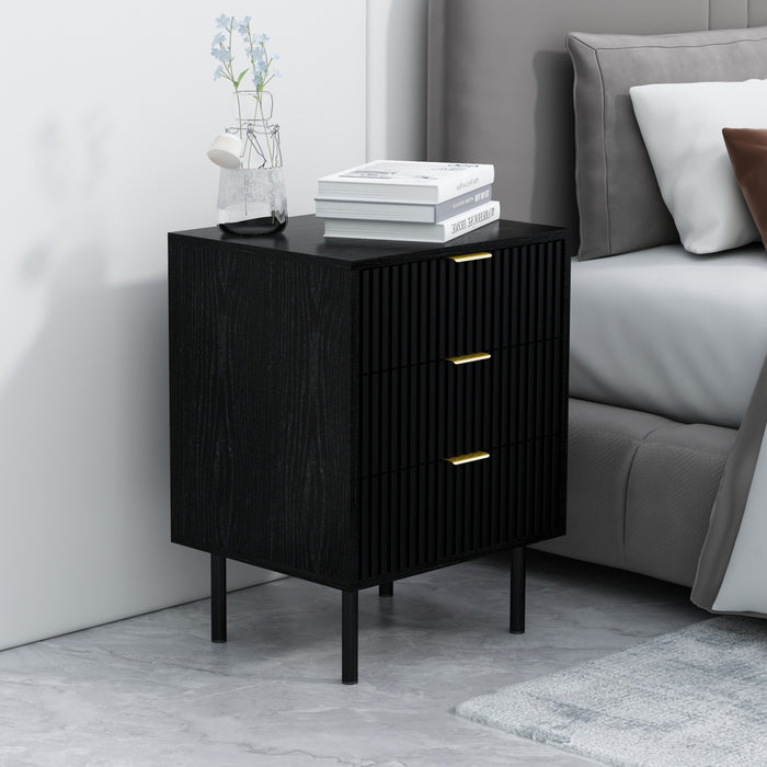 conifferism Fluted 3Drawers  Metal Slider Black Nightstand, Wooden End Table Side Table for Bedroom, Living Room