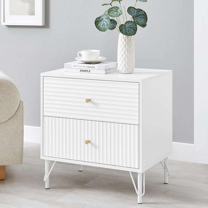 conifferism Fluted White Nightstand, 22" Wide Bedstand Bedside End Table with 2 Drawers, 23" Tall Side Table Living Room Sofa Couch, Bedroom Night Stand Gold Handle