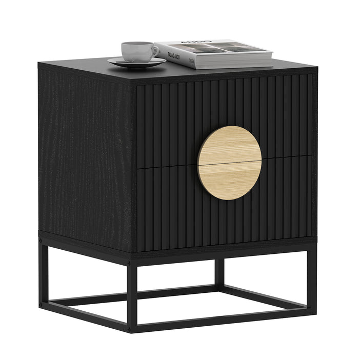 conifferism Black Nightstand with 2 Fluted Drawer for Living Room Bedroom