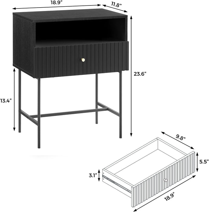 conifferism Black Night Stand 19" Bedroom Bedside Table, Mid Century Modern Small Nightstand with 1 Fluted Drawer and Storage Shelf, Living Room Slim Sofa Couch Side End Tables Gold Handle