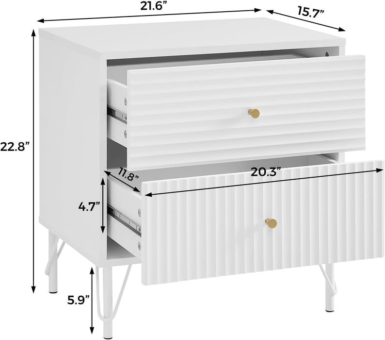 conifferism Fluted White Nightstand, 22" Wide Bedstand Bedside End Table with 2 Drawers, 23" Tall Side Table Living Room Sofa Couch, Bedroom Night Stand Gold Handle