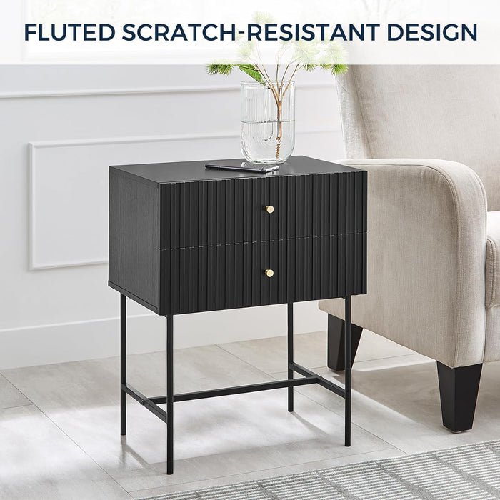 conifferism Fluted Black Nightstand 19" Wide, 2 Drawers Bed Side End Table for Small Space Living Room, Guest Bedroom Night Stand Slim Metal Leg,Sofa Couch Accent Table