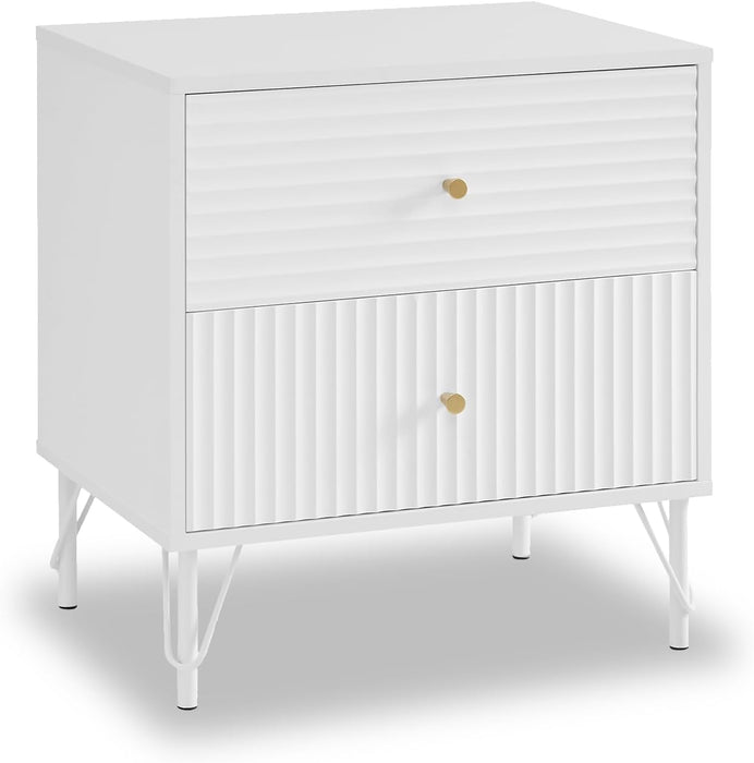 conifferism Fluted White Nightstand, 22" Wide Bedstand Bedside End Table with 2 Drawers, 23" Tall Side Table Living Room Sofa Couch, Bedroom Night Stand Gold Handle