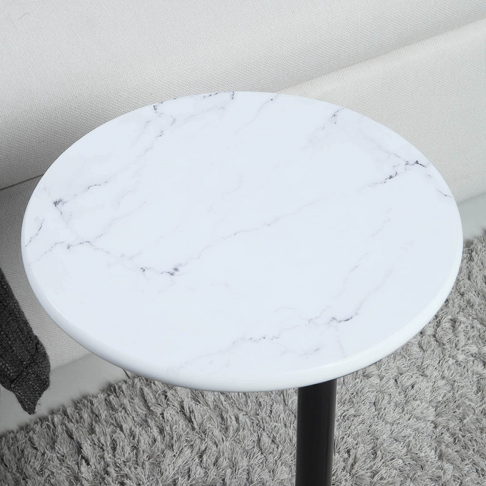 WOODEEM Small C Shaped Black Modern Sofa Side TV Table, White Faux Marble Under Couch Snack Round End Table Living Room