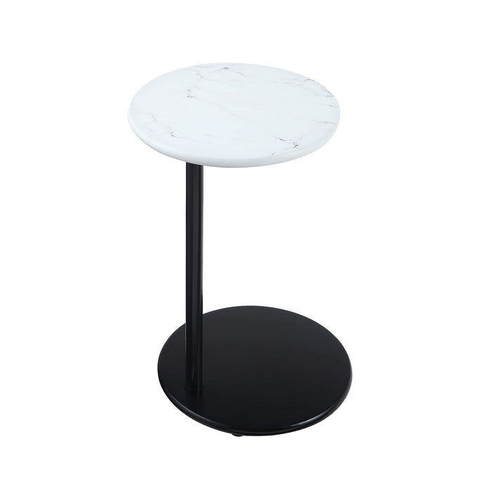 WOODEEM Small C Shaped Black Modern Sofa Side TV Table, White Faux Marble Under Couch Snack Round End Table Living Room