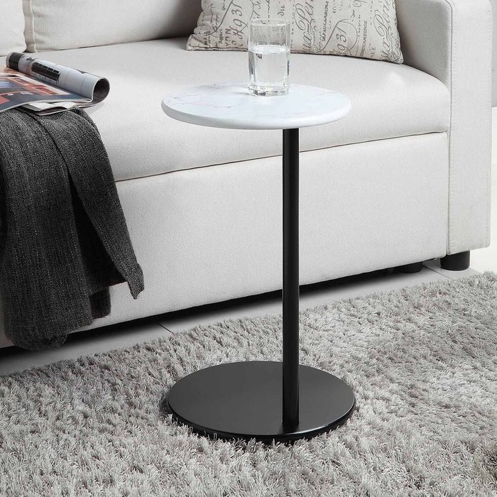 WOODEEM Small C Shaped Black Modern Sofa Side TV Table, White Faux Marble Under Couch Snack Round End Table Living Room