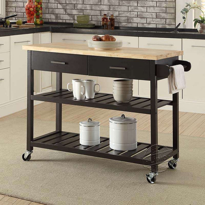 WOODEEM Two-Tier Open Shelf microwave cart, Towel Rack, Serve Kitchen Island on Wheels, kitchen furniture, Black